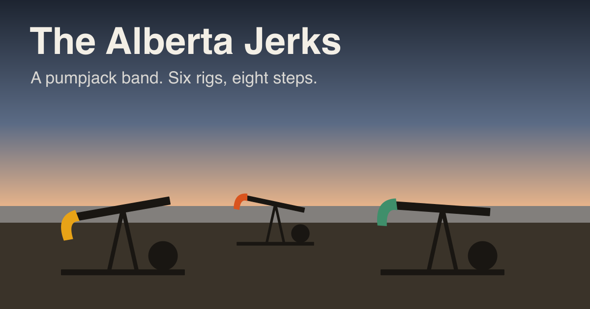 Three pumpjacks in silhouette on a dark prairie field under a dusk sky, each with a coloured horse head, below the words The Alberta Jerks: a pumpjack band. Six rigs, eight steps.