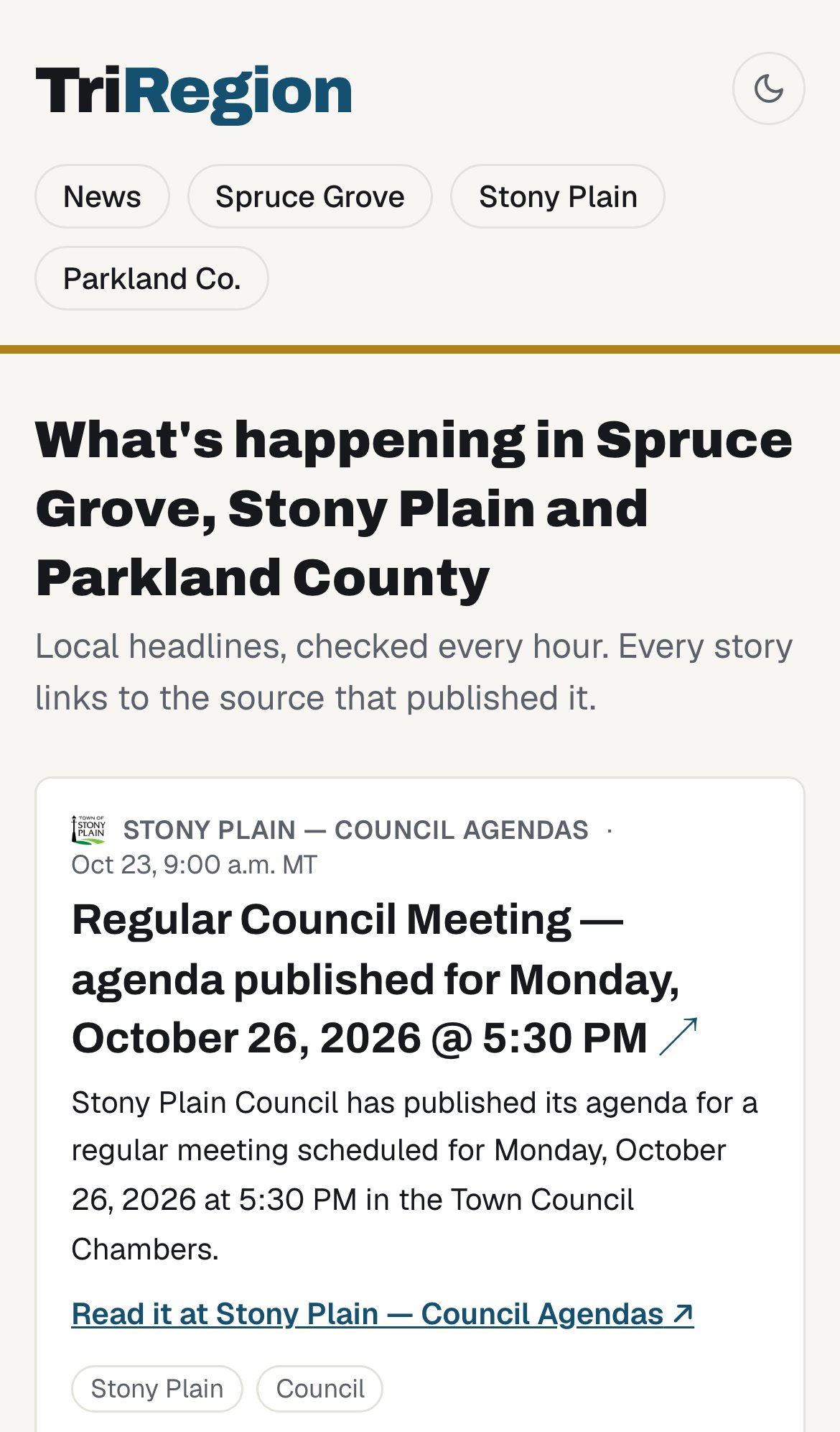 The Tri-Region front page on a phone: Spruce Grove, Stony Plain and Parkland Co. filters above a Stony Plain council agenda story with a link to its source