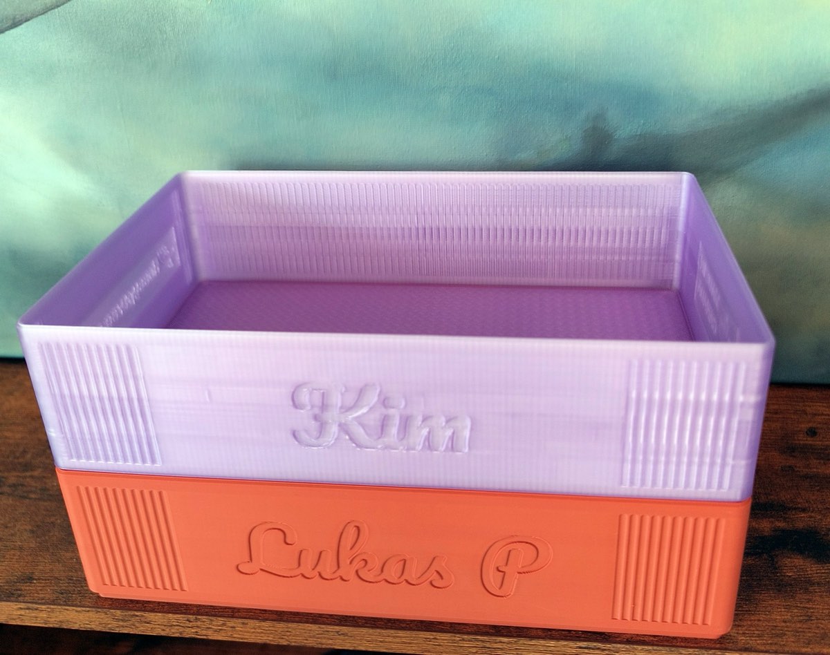 Two Large Flossy Trays stacked, a purple one named Kim on an orange one named Lukas P
